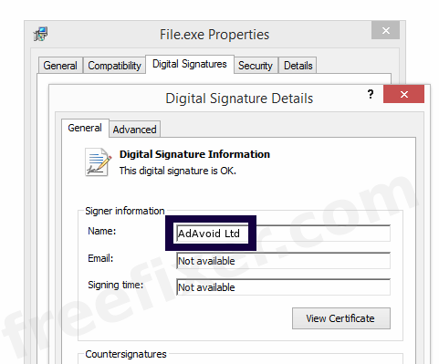 Screenshot of the AdAvoid Ltd certificate